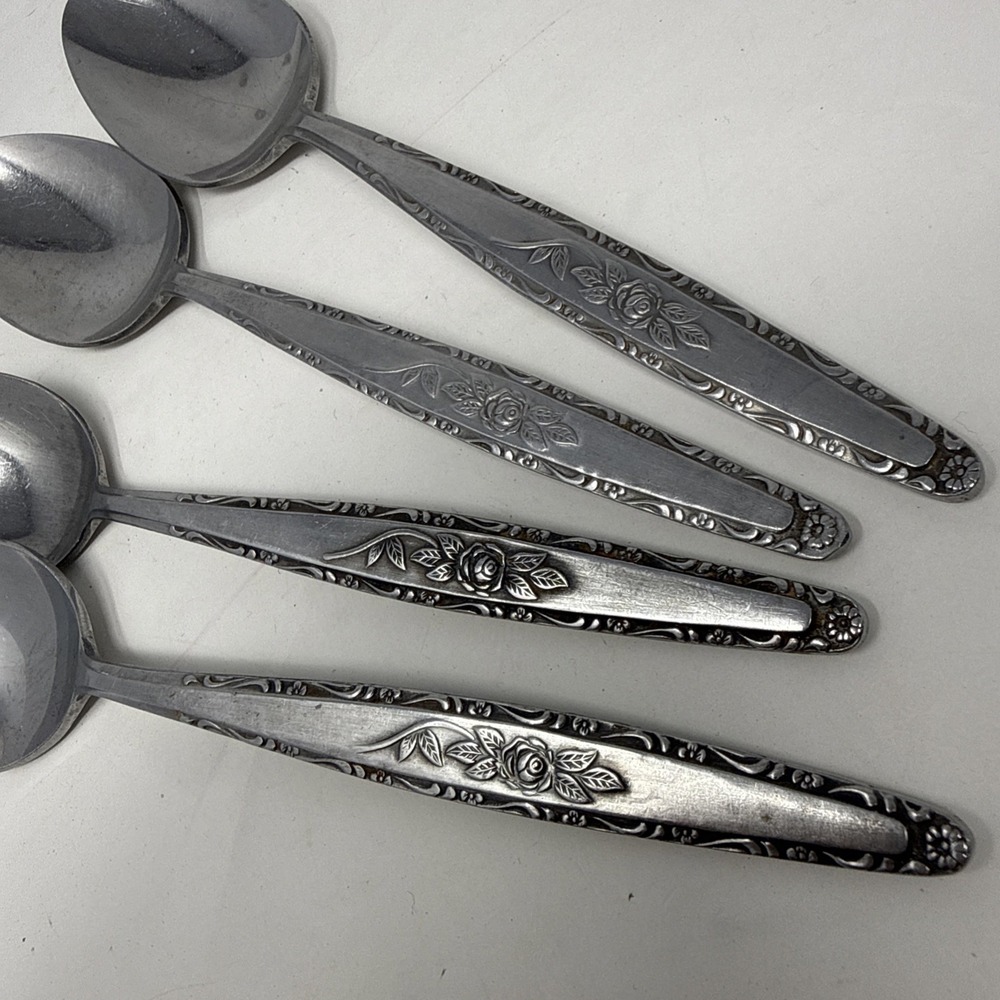 Vintage MCM Stainless Flatware Textured Rose Floral 4 Tablespoons Set Silverware - Picture 2 of 6